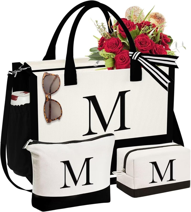 YOOLIFE Valentines Day Gifts for Women - Initial Canvas Tote Bag & Makeup Bag, Birthday Gifts for Women Mom Sister Friends - Image 1